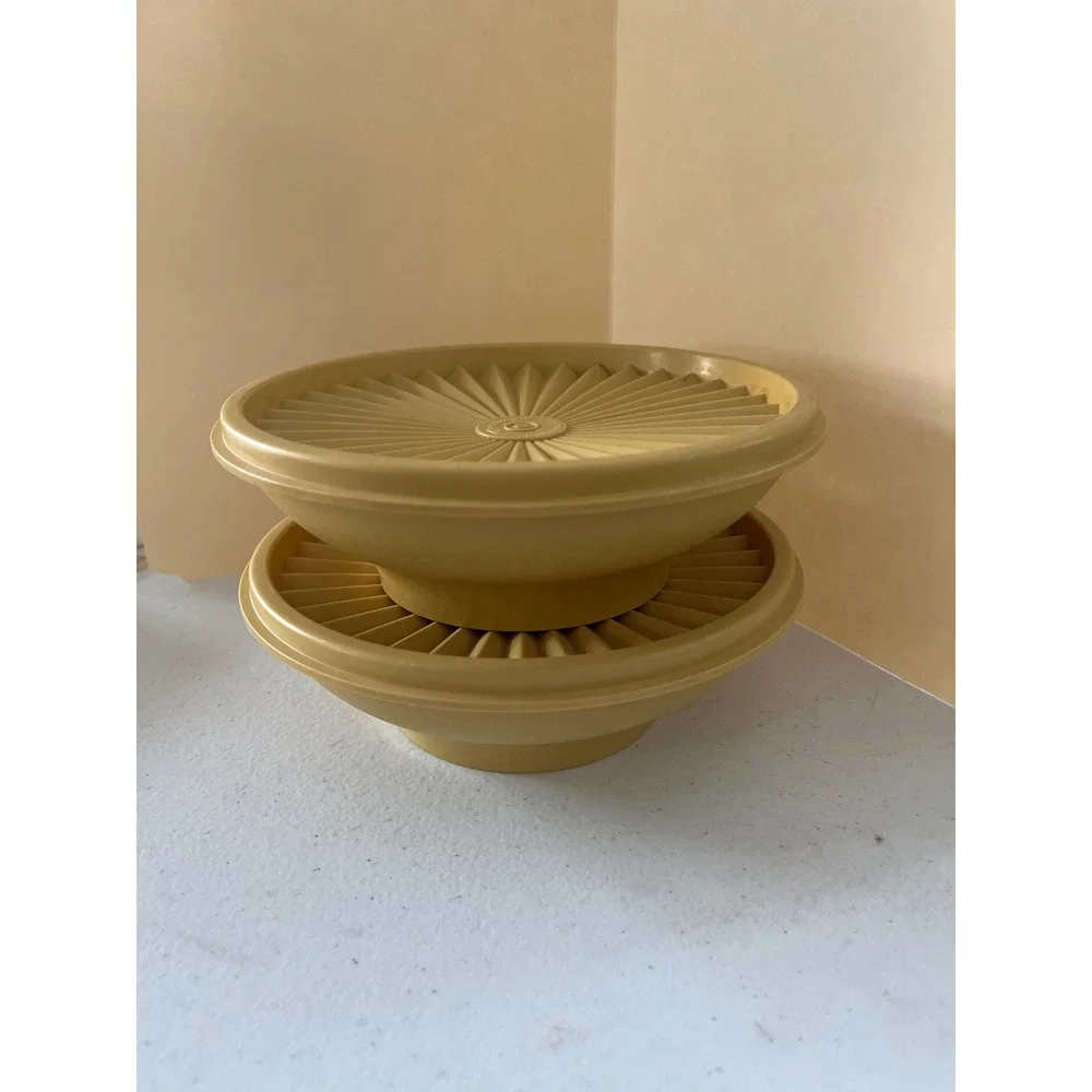 Vintage Tupperware Servalier Bowls Harvest Gold Mustard Yellow Set of 2 w/ Lids